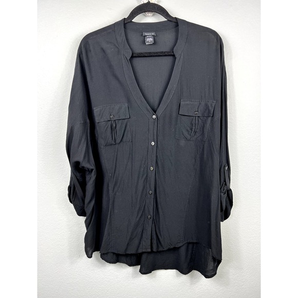 Torrid Shirt Women Plus Size 2X Black V-Neck Pockets Roll Tab 3/4 Sleeve Buttons - Picture 1 of 5